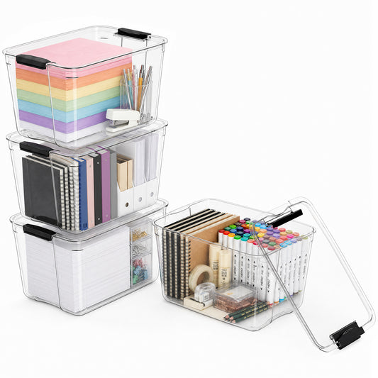 T3 27Qt Stackable Plastic Storage Bins with Lids, Clear PET & Buckle Latch