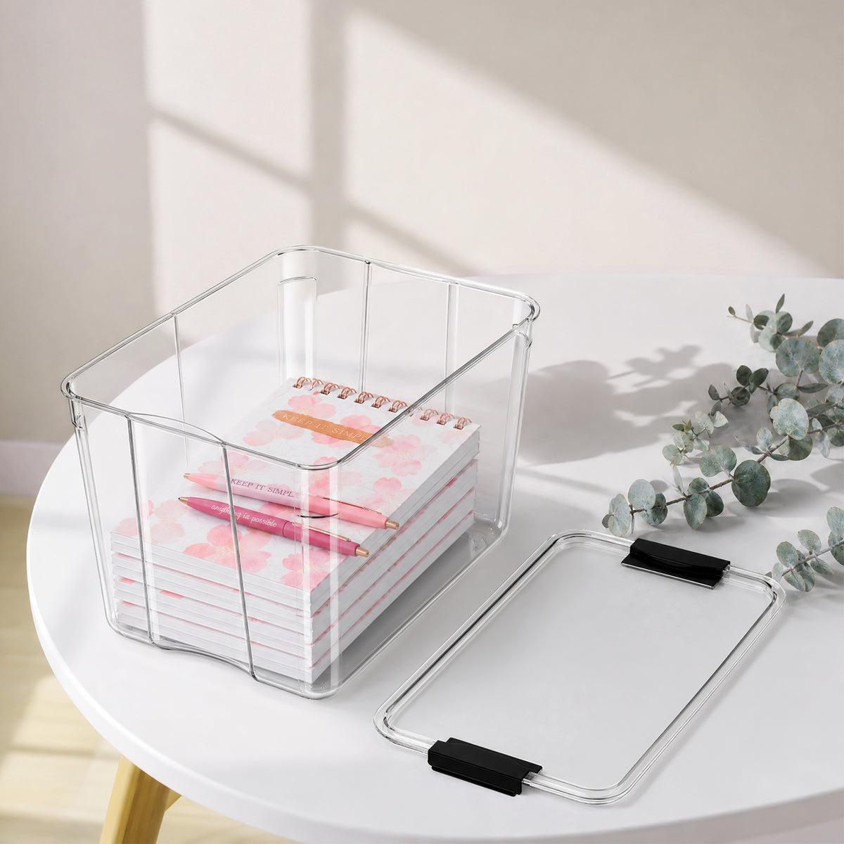 T3 27Qt Stackable Plastic Storage Bins with Lids, Clear PET & Buckle Latch