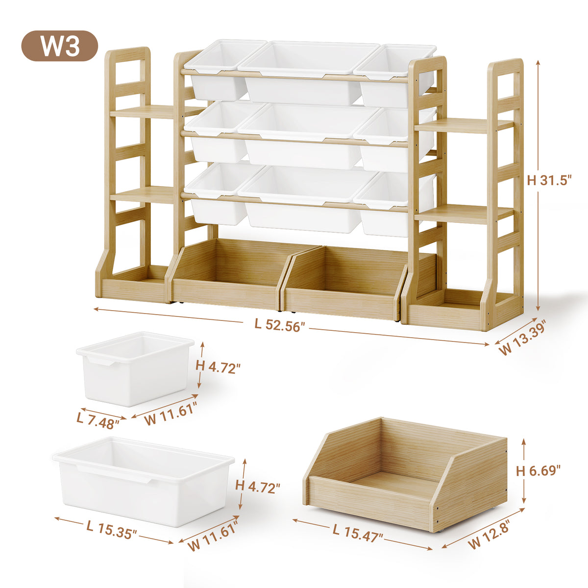 W1-W3 Solid Wood Toy Organizer and Storage with Bookshelf and Bins