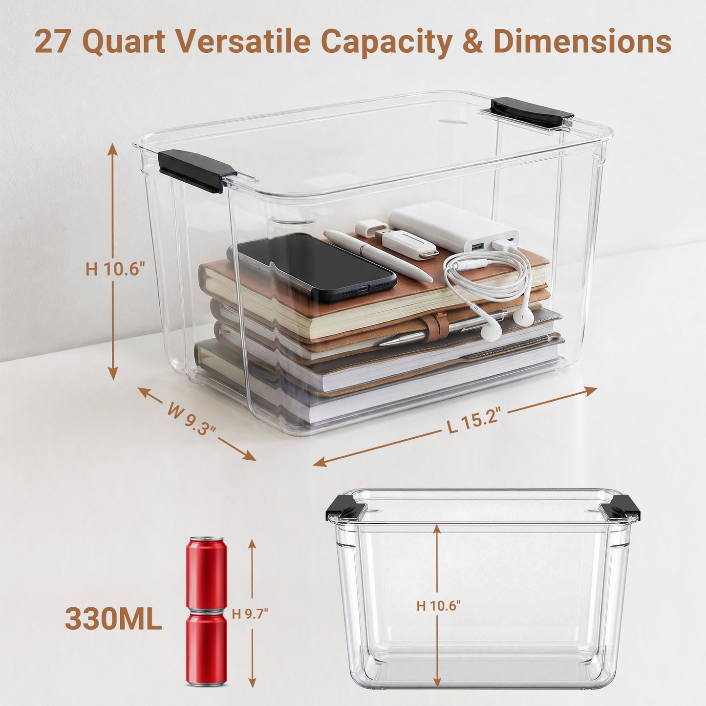 T3  27Qt Stackable Plastic Storage Bins with Lids, Clear PET & Buckle Latch