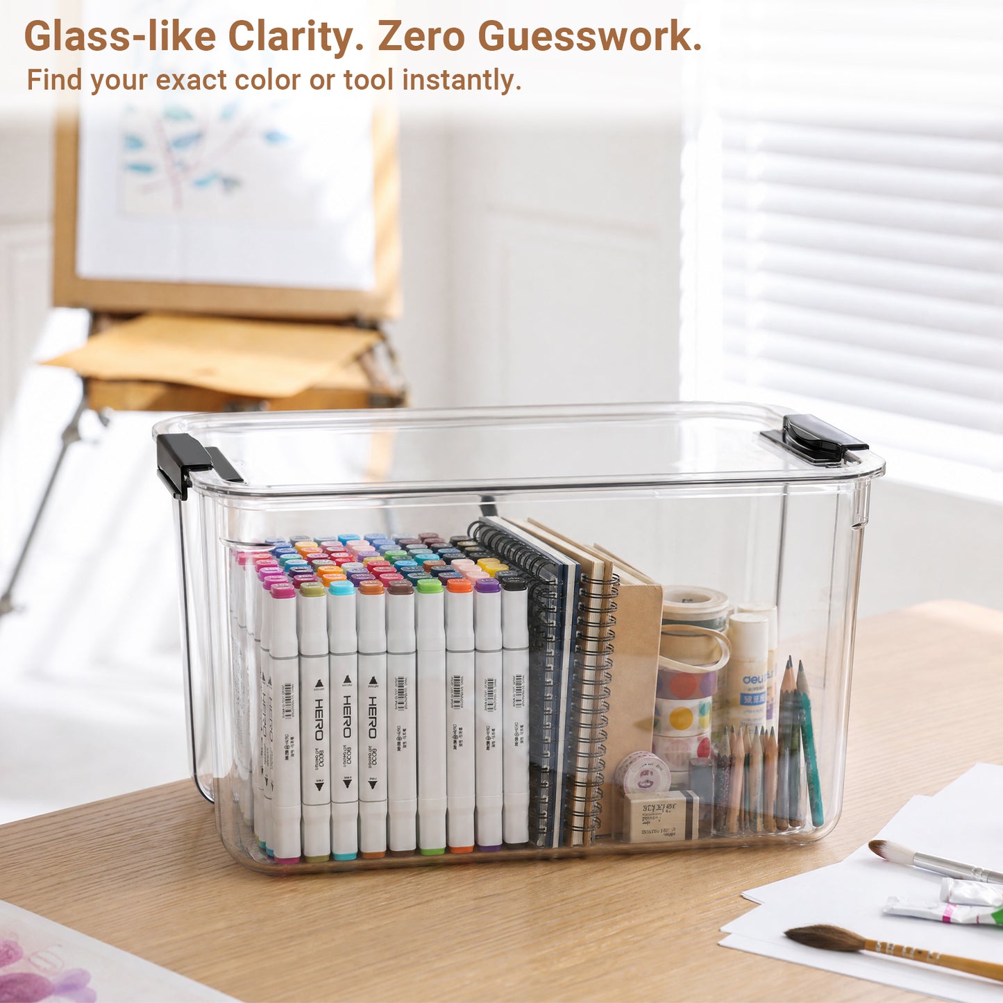 T3  27Qt Stackable Plastic Storage Bins with Lids, Clear PET & Buckle Latch