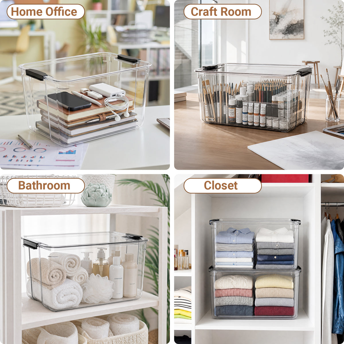 T3  27Qt Stackable Plastic Storage Bins with Lids, Clear PET & Buckle Latch