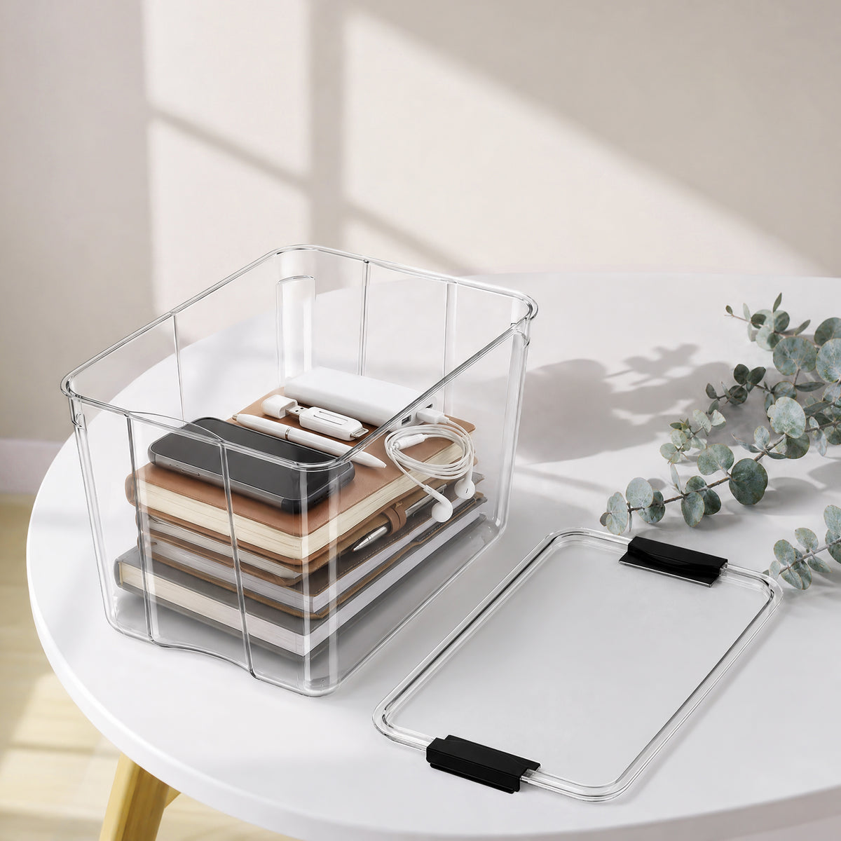 T3  27Qt Stackable Plastic Storage Bins with Lids, Clear PET & Buckle Latch