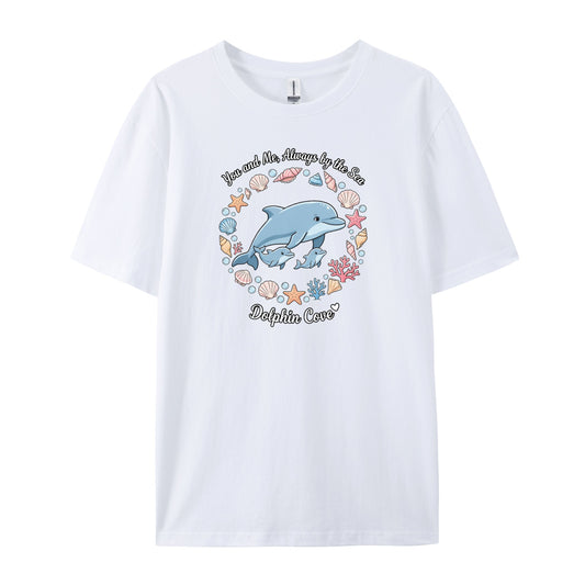 Cute Dolphin Family Seashell Print T-Shirts