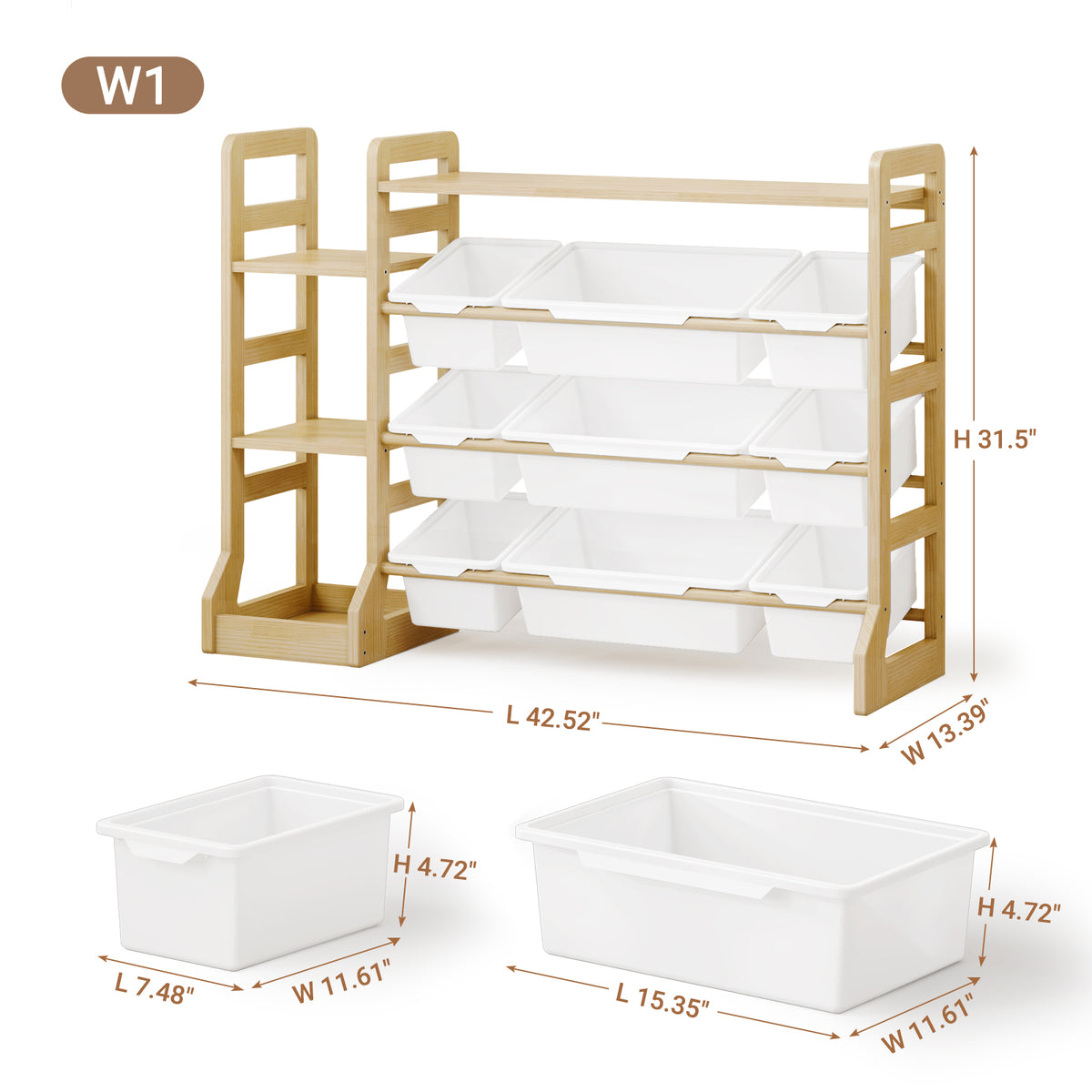 W1-W3 Solid Wood Toy Organizer and Storage with Bookshelf and Bins
