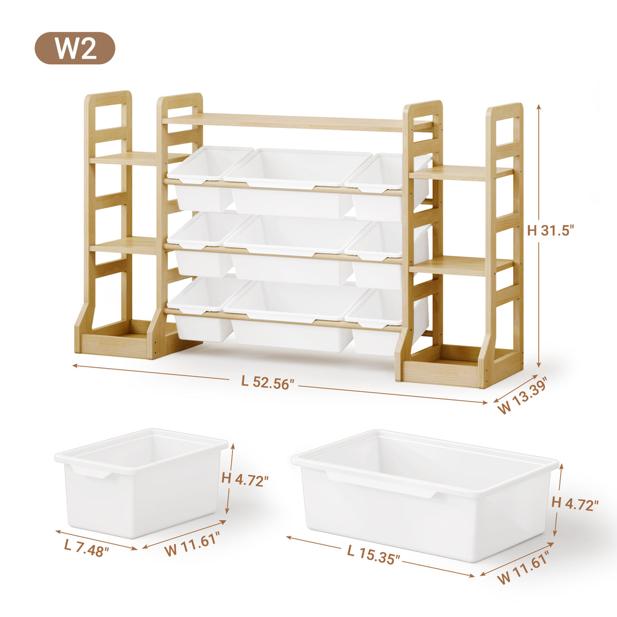 W1-W3 Solid Wood Toy Organizer and Storage with Bookshelf and Bins