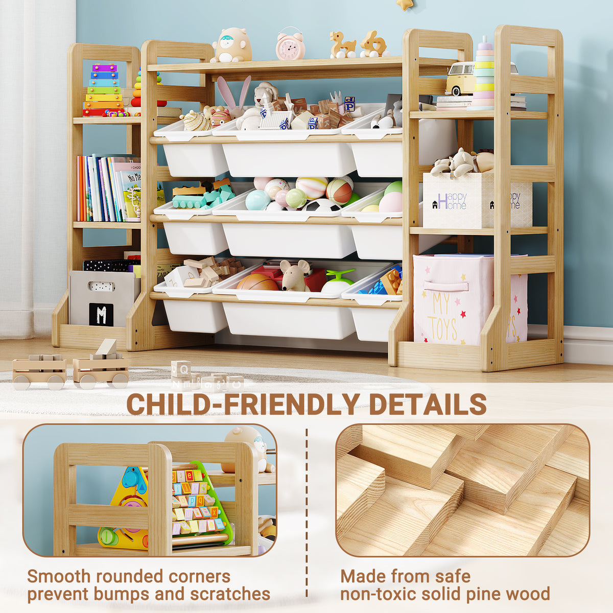 W1-W3 Solid Wood Toy Organizer and Storage with Bookshelf and Bins