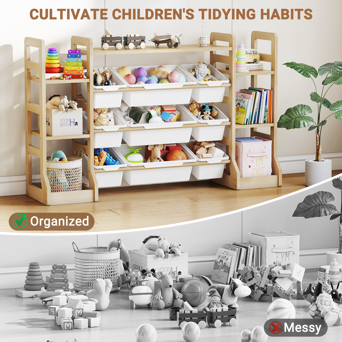 W1-W3 Solid Wood Toy Organizer and Storage with Bookshelf and Bins