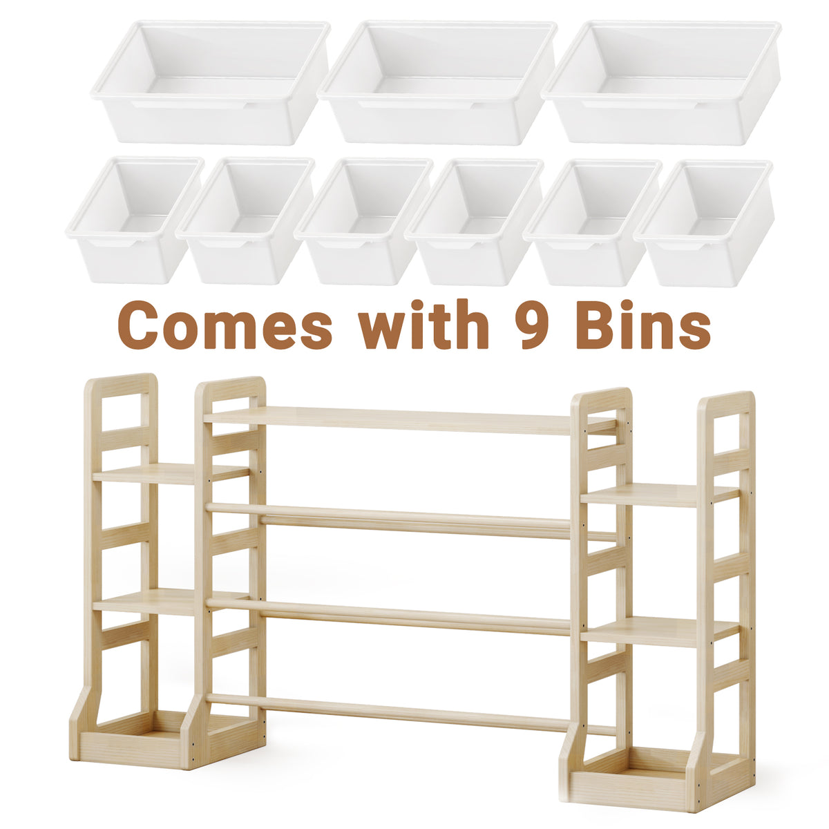 W1-W3 Solid Wood Toy Organizer and Storage with Bookshelf and Bins
