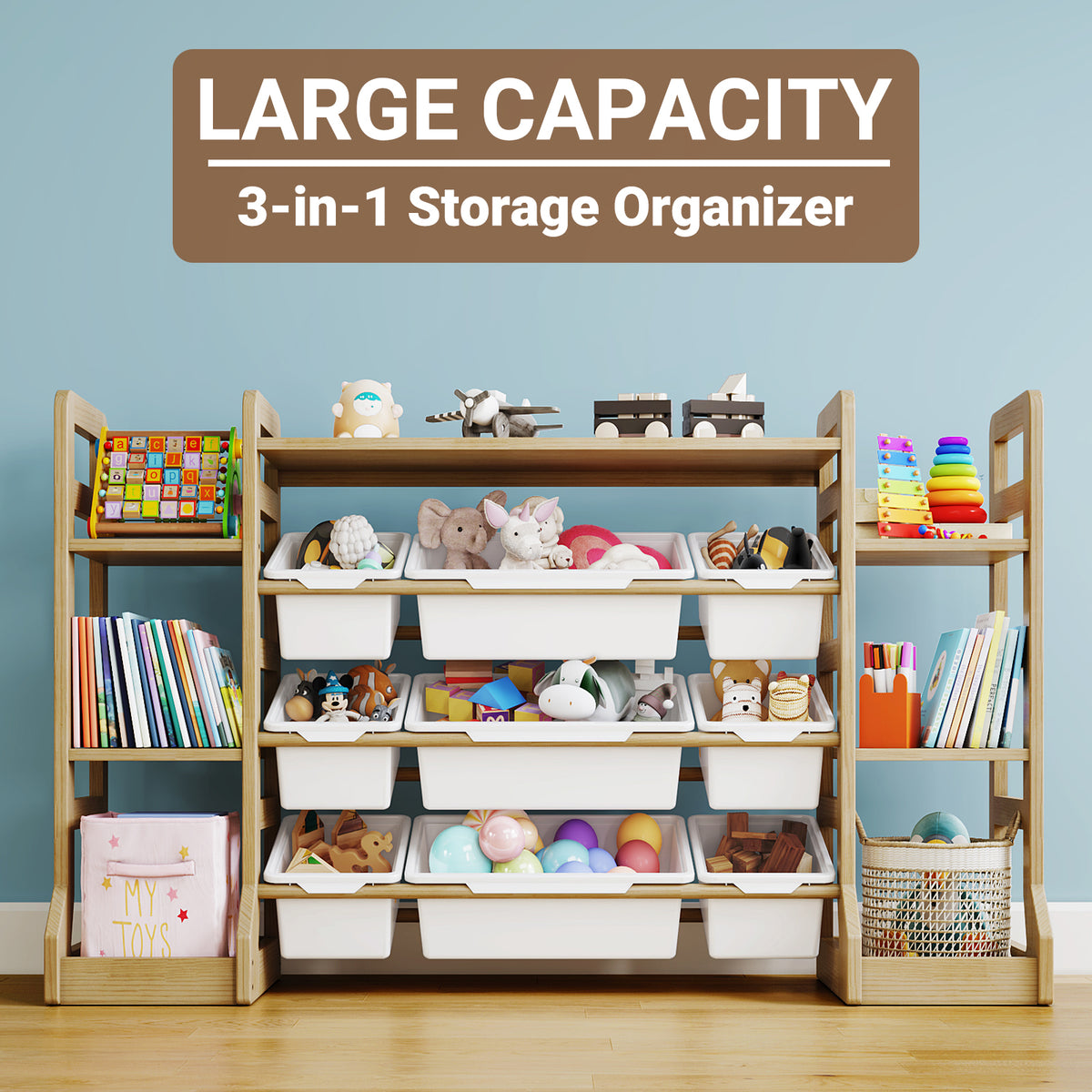W1-W3 Solid Wood Toy Organizer and Storage with Bookshelf and Bins