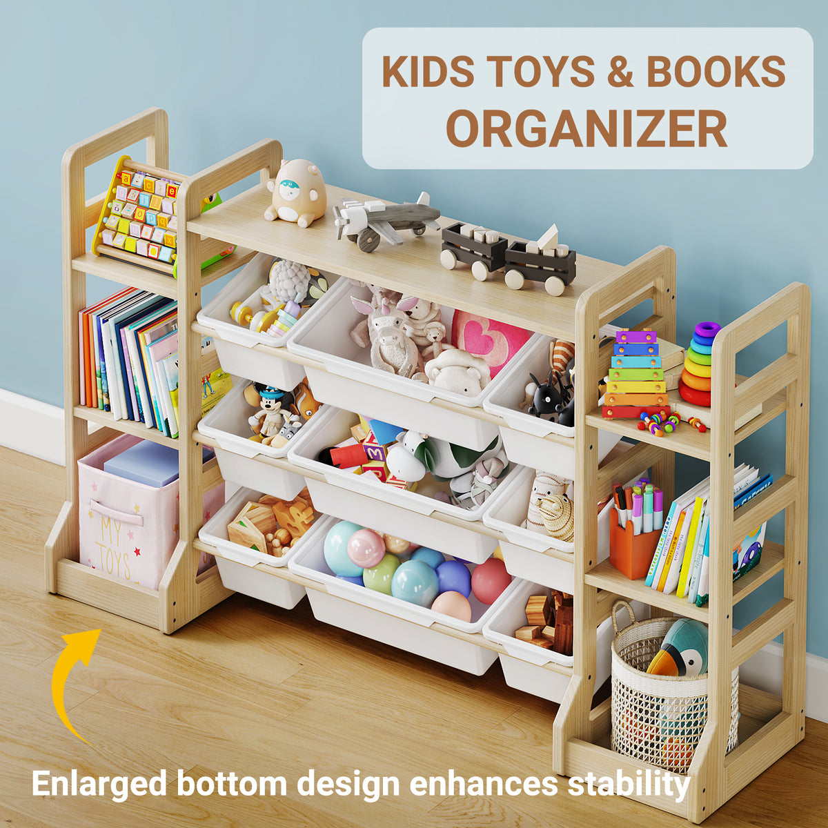 W1-W3 Solid Wood Toy Organizer and Storage with Bookshelf and Bins