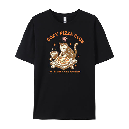 Vintage Cat Pizza Club Print T-Shirts