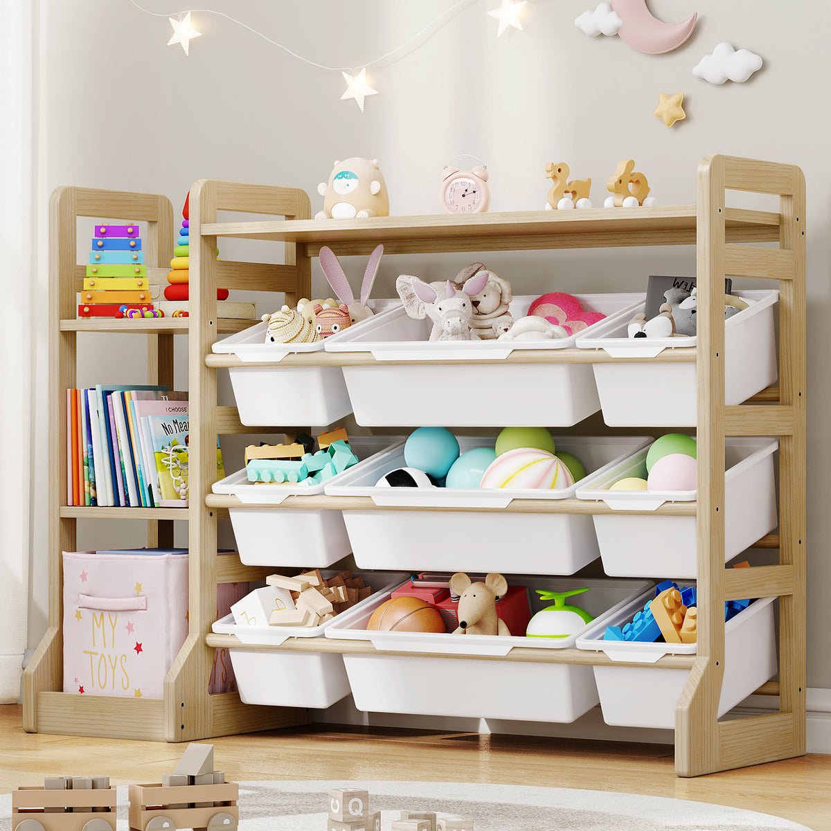W1-W3 Solid Wood Toy Organizer and Storage with Bookshelf and Bins