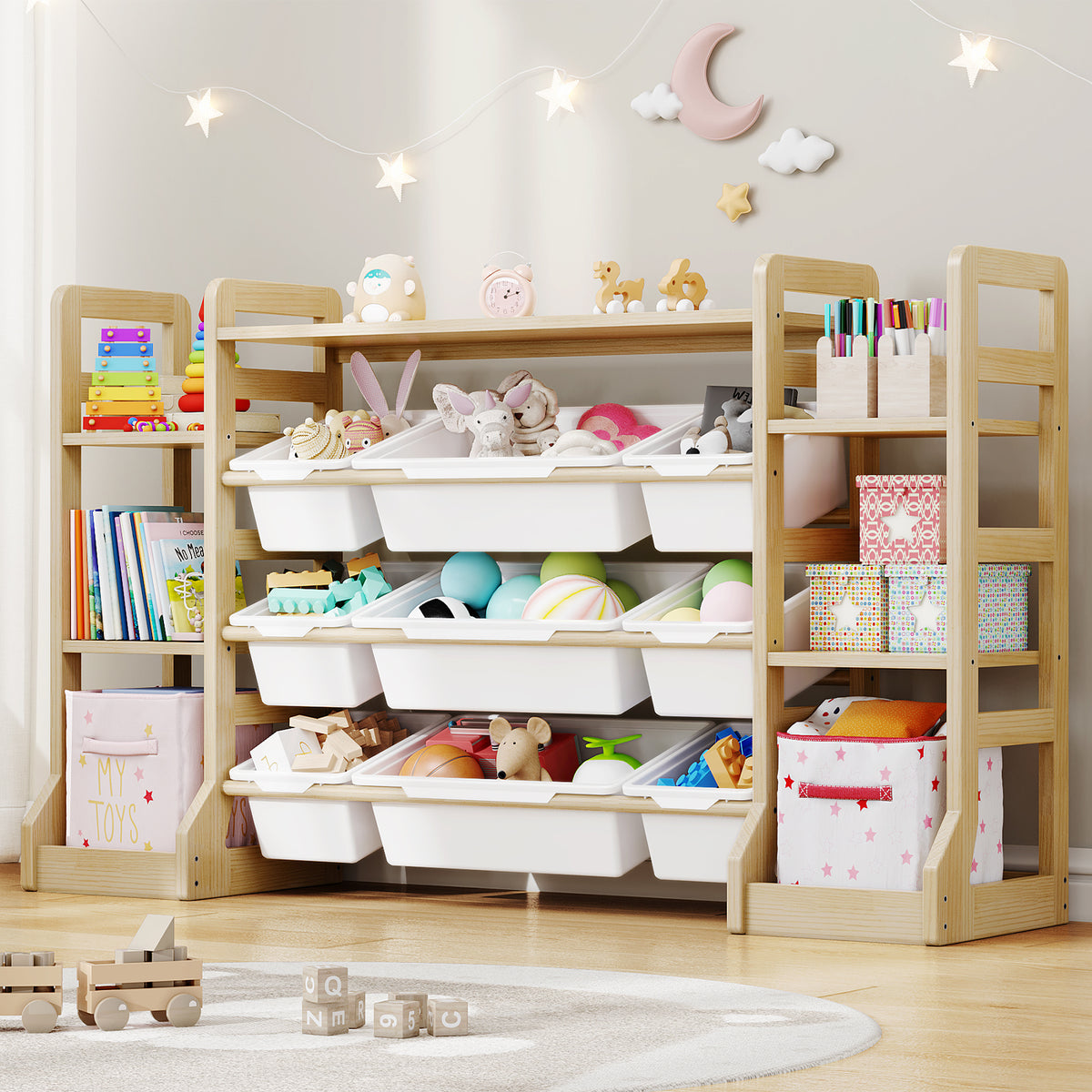 W1-W3 Solid Wood Toy Organizer and Storage with Bookshelf and Bins