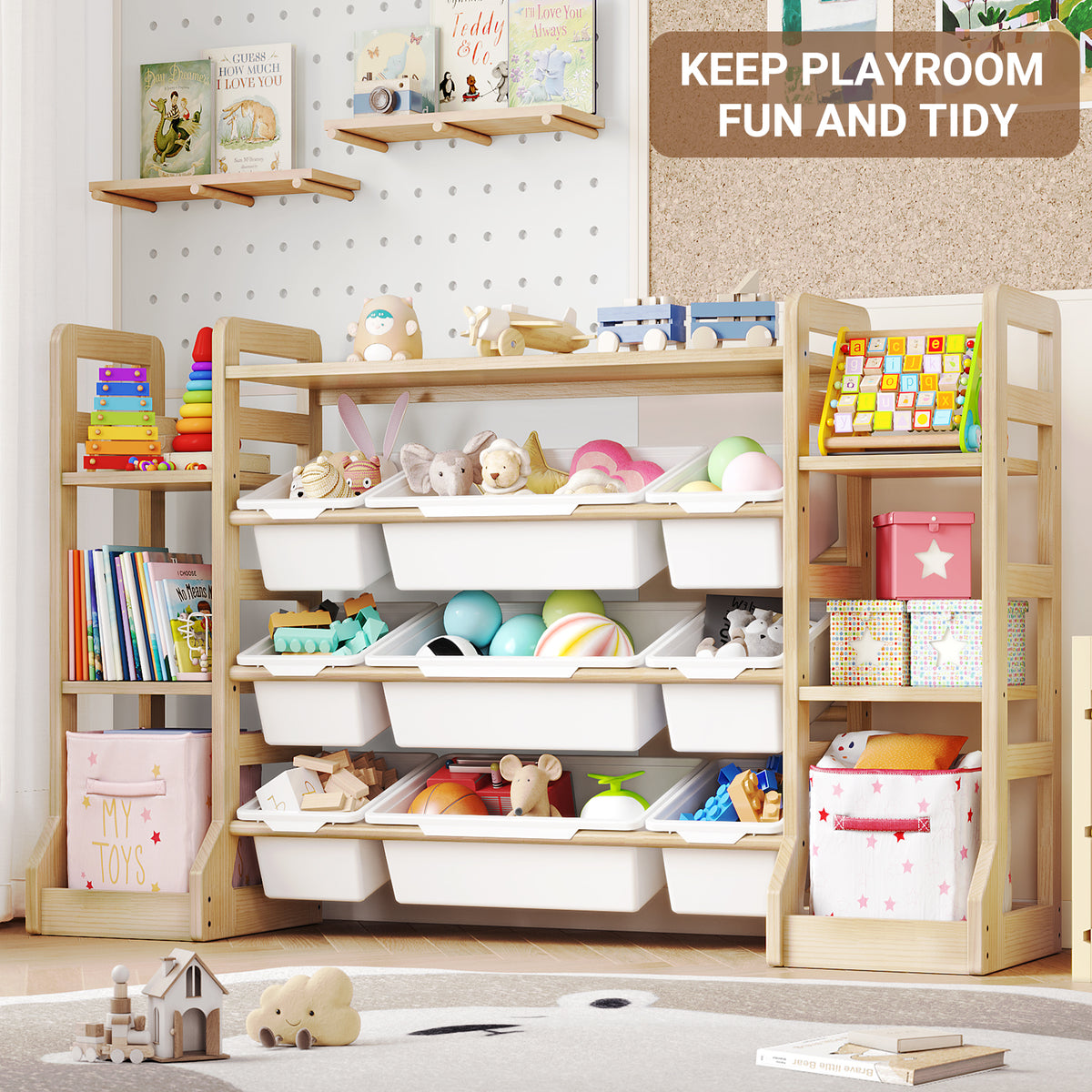 W1-W3 Solid Wood Toy Organizer and Storage with Bookshelf and Bins