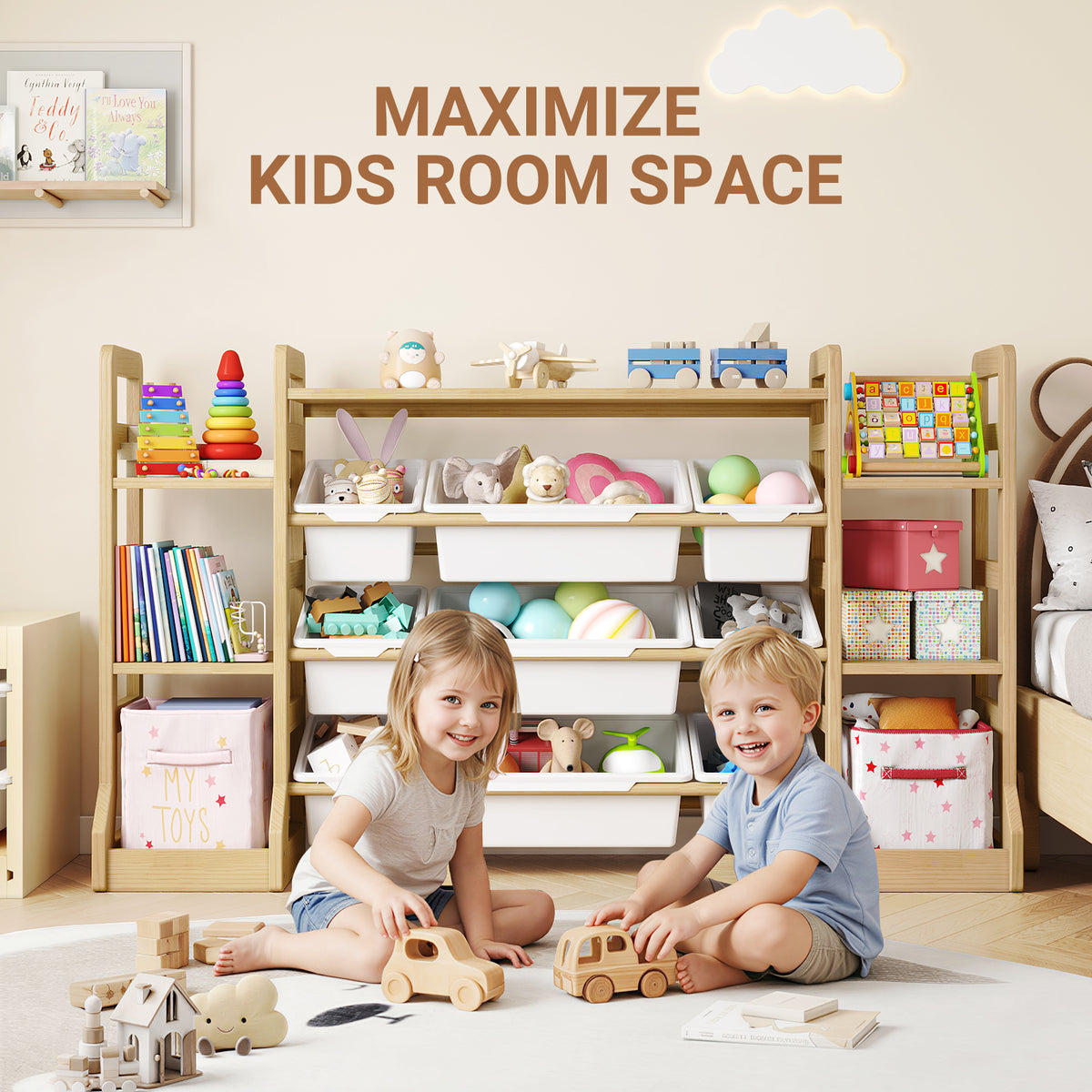 W1-W3 Solid Wood Toy Organizer and Storage with Bookshelf and Bins