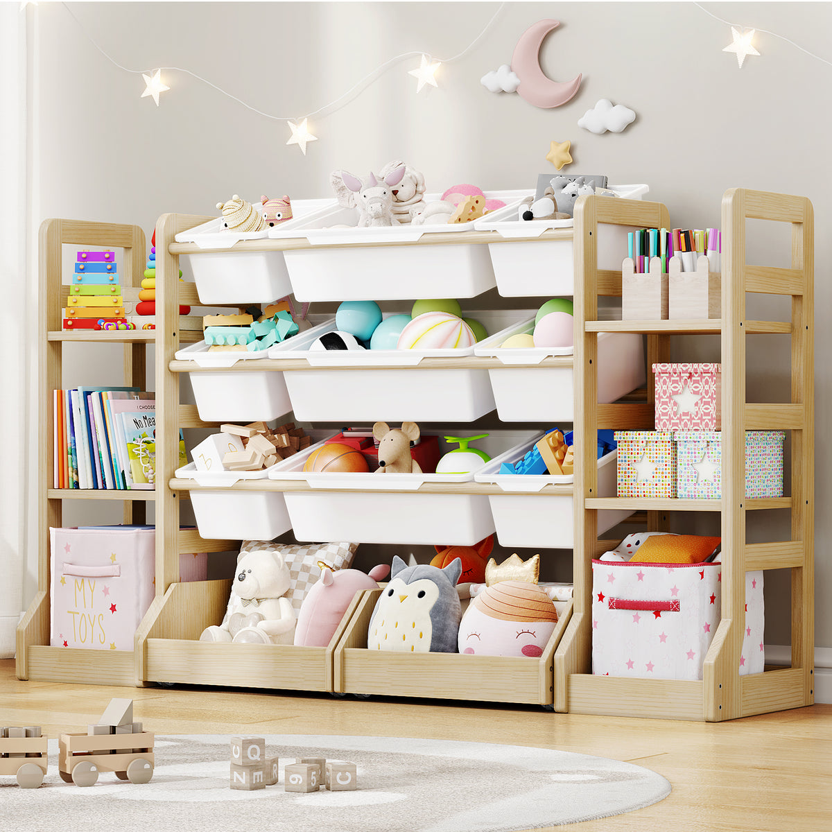 W1-W3 Solid Wood Toy Organizer and Storage with Bookshelf and Bins